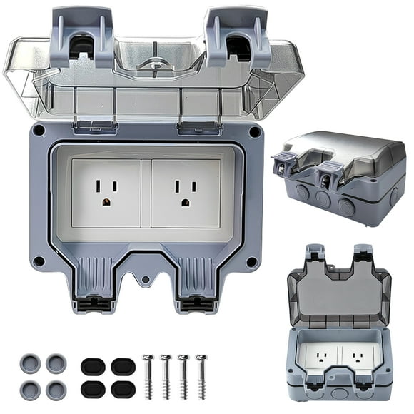 QIPUNEKY IP66 2-Gang Outdoor Electrical Outlet, 15A 110-250V Outdoor Socket with Weatherproof Outlet Cover
