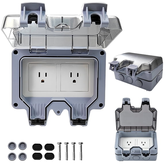 QIPUNEKY IP66 2-Gang Outdoor Electrical Outlet, 15A 110-250V Outdoor Socket with Weatherproof Outlet Cover