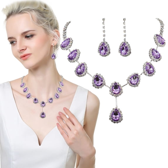 QIQUWOHUL 1 Set Women Necklace Earrings Water Drop Shaped Jewelry Sparkling Luster Jewelry Set For Prom Blue