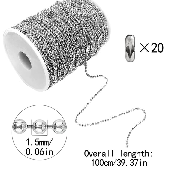 QIQUWOHUL Ball Bead Chain Stainless Steel 33ft/10m Beaded Dog Chain Necklace Chains For Jewelry Making DIY Crafts Silver Metal Small Bead Chain Roll With 20pcs