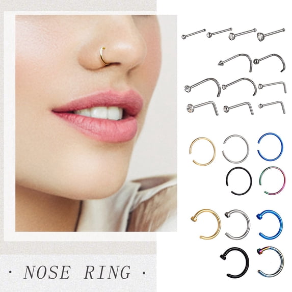 QIQUWOHUL C Shaped Nose RingsFalse 22 Nail Nose Mixed Stainless Piercing Nose Ring Nose Set C Shaped Nose Jewelry