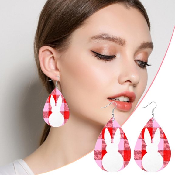 QIQUWOHUL Easter Cute Rabbit Print Plaid Tail Ball Drop Shape Leather Earrings Jewelry For Women