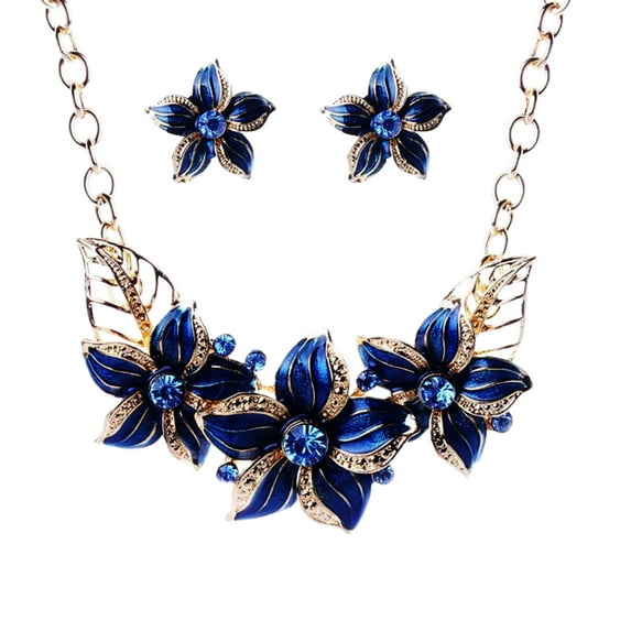 QIQUWOHUL Gardenia Painting Oil Clavicle Chain Rhinestone Short Necklace Earring Set Flower Drop Oil Set Chain