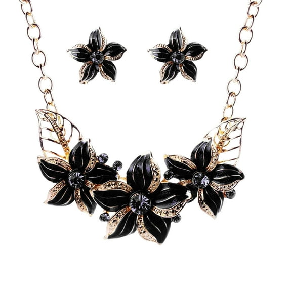 QIQUWOHUL Gardenia Painting Oil Clavicle Chain Rhinestone Short Necklace Earring Set Flower Drop Oil Set Chain