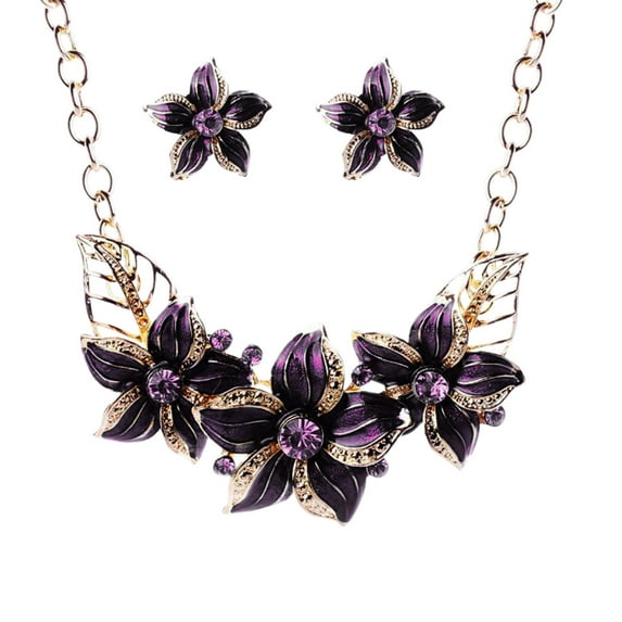 QIQUWOHUL Gardenia Painting Oil Clavicle Chain Rhinestone Short Necklace Earring Set Flower Drop Oil Set Chain