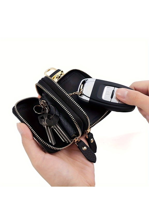 Leather Car Key Holder Case Wallet Zip Bag Key Ring Double Layer Key Organiser Key Ring Cover Zip Key Case Bag Leather Key Holder