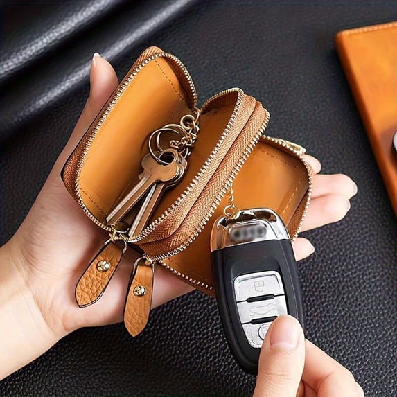QIQUWOHUL Leather Car Key Holder Case Wallet Zip Bag Key Ring Double Layer Key Organiser Key Ring Cover Zip Key Case Bag Leather Key Holder
