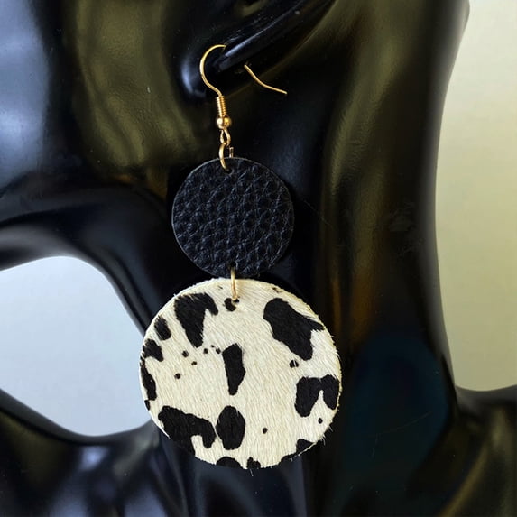 QIQUWOHUL New Cow Pattern Animal Leather Earrings Women Round Water Drop Leather Earrings Elegant Leather Pendant Earrings Women Jewelry