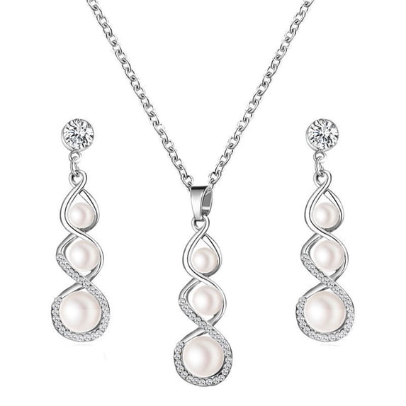 QIQUWOHUL Pearl Jewelry Set Freshwater Cultured Pearls Pendant Necklace Teardrop Pearl Dangling Earrings Cubic Zirconia Pearl Wedding Jewelry Set For Bridal Women Bridesmaids & Br