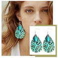 thumbnail image 1 of QIQUWOHUL Vintage Embossed Leather Water Drop Shape Blue Turquoise Stone Dangle Earrings For Women Mom, 1 of 9
