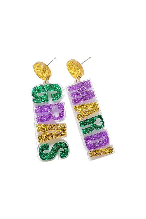 Women's Mardi Gras Earrings Glitter Letter Dangle Earrings Statement Mardi Gras Earrings Mardi Gras Accessories Party Favors