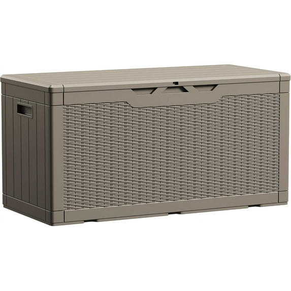 QISHENSHUI 100 Gallon Waterproof Large Resin Deck Box Indoor Outdoor Lockable Storage Container for Patio Furniture Cushions Garden Tools (100 Gallon, Light Brown)