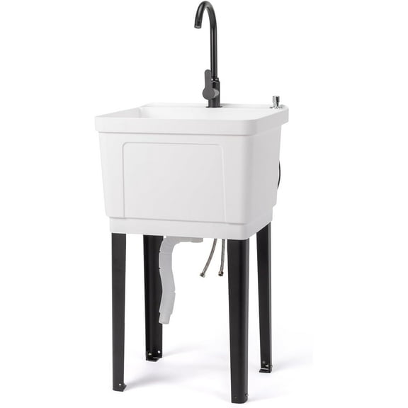QISHENSHUI 13-Gallon Utility Sink Laundry Tub for Washing Room, Freestanding Utility Sink with Stainless Steel Faucet, (White, 19.7"W x 18.9"D x 33"H)