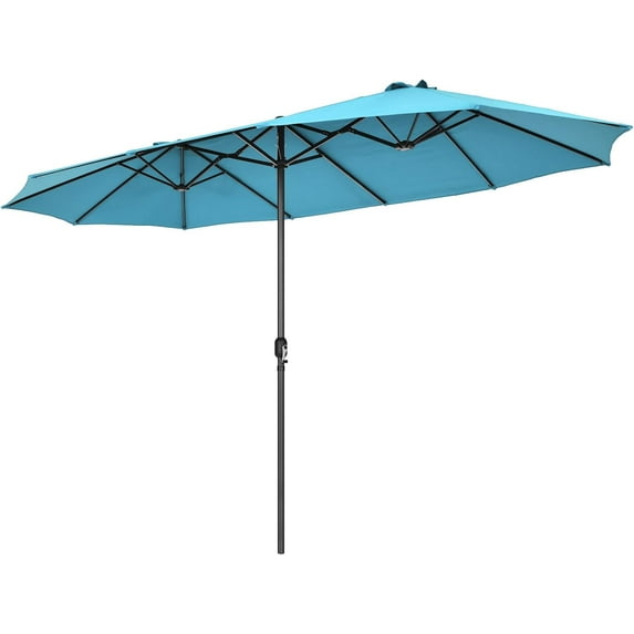 QISHENSHUI 15Ft Double-Sided Patio Umbrella, Outdoor Extra Large Umbrella W/Hand-Crank System & Air Vents, Market Twin Umbrella W/ 12-Rib Sturdy Metal Frame for Poolside, Garden Backyard (Turquoise)