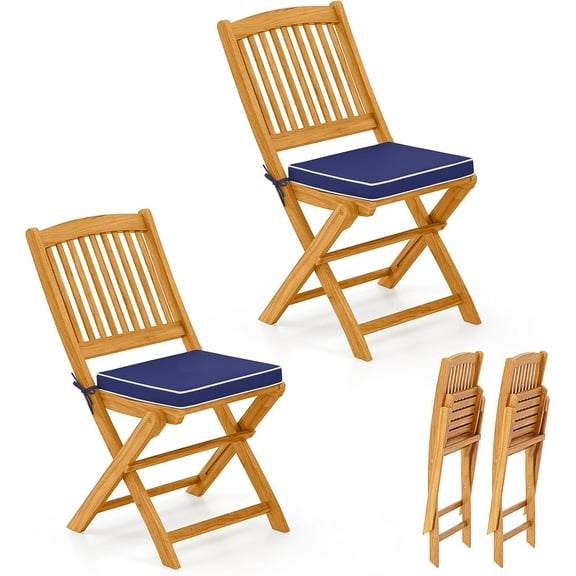 QISHENSHUI 2 Pieces Folding Outdoor Dining Chairs, Acacia Wood Patio Chairs with Soft Cushions, Slatted Backrests and Seats, Outdoor Chairs for Porch, Balcony, Deck and Yard (2, Navy, One-Size)