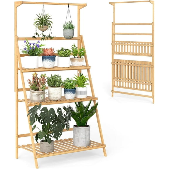 QISHENSHUI 3-Tier Hanging Plant Stand, Ladder Planter Display Shelf with Height Adjustable Hanger Rod, Folding Flower Pot Organizer Rack for Balcony, Window, Living Room
