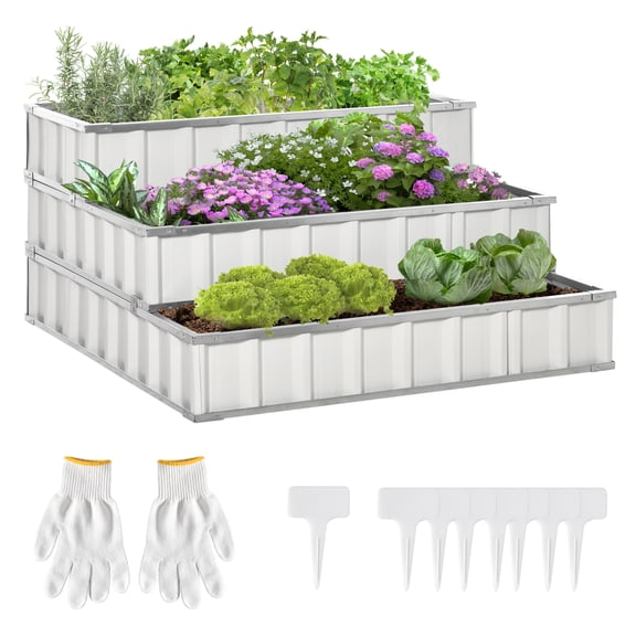QISHENSHUI 3-Tier Metal Raised Garden Bed – Elevated Planter Box Designed for Quick and Easy Assembly, Perfect for Compact Outdoor Spaces Like Balconies, Decks & Small Gardens, White