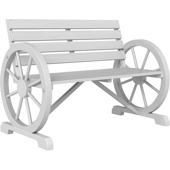 QISHENSHUI 41" Wooden Wagon Wheel Bench, Rustic Outdoor Patio Weather Resistance Furniture, 2-Person Slatted Seat Bench with Backrest, Light Gray