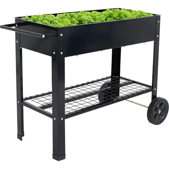 QISHENSHUI 43-Inch Galvanized Steel Raised Garden Bed with Legs - Outdoor Elevated Planter Box with Wheels for Vegetables - Black
