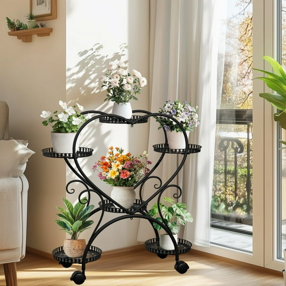 QISHENSHUI 6 Tiers Heavy Duty Plant Stand a Mobile Indoor Plant Rack with Wheels Featuring Display Shelf Design to Offer Sturdy Multi-Tiered Support for Greenery with Easy Mobility