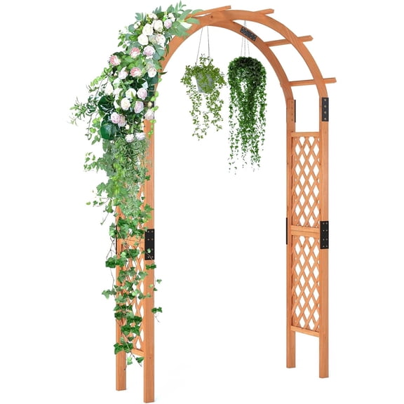 QISHENSHUI 7.7FT Wooden Garden Arbor Trellis, Outdoor Pergola Arch with Climbing Plant Support, Wood Wedding Arch for Ceremony, Pathway, Birthday Party, Garden Décor, Weather-Resistant, Easy Assembly