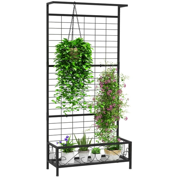 QISHENSHUI 74-Inch Tall Metal Plant Stand – Boasts Stylish Trellis for Supporting Vines and Practical Hanging Bar to Maximize Plant Display in Yards or Homes, Black