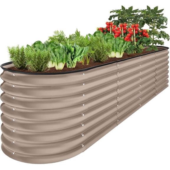 QISHENSHUI 8x2x2ft Metal Raised Garden Bed, Oval Outdoor Deep Root Planter Box for Vegetables, Herbs w/ 4 Support Bars, 215 Gal Capacity - Taupe