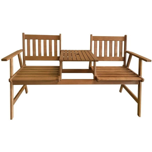 QISHENSHUI Acacia Wood Garden Bench Outdoor Patio Bench with Ergonomic Built-In Table, Park-Style Design Ideal for Poolside Comfort, Convenience & Enhancing Outdoor Spaces