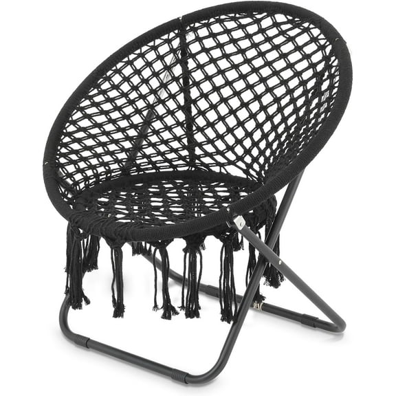 QISHENSHUI Boho Saucer Chair for Adults, Folding Chair with Tassels Cotton Rope Mesh, Cozy Moon Chair for Indoor Outdoor Home, Garden, Patio, Yard Decor and Relaxation, Black