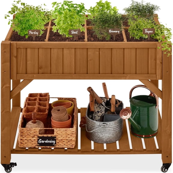 QISHENSHUI Elevated 8 Pocket Herb Garden Bed, Mobile Raised Customizable Wood Planter for Herbs, Vegetables, Flowers w/Lockable Wheels, Storage Shelf, Drainage Holes - Acorn Brown