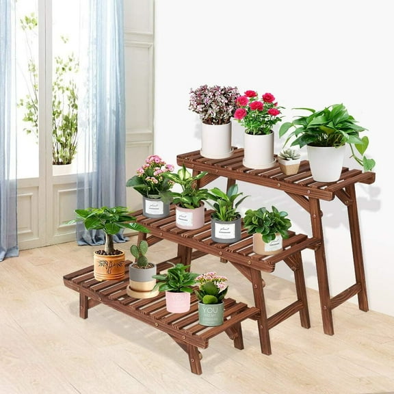 QISHENSHUI Freestanding 3 Tier Ladder Shelf a Wooden Plant Stand Designed as Indoor Outdoor Flower Pot Rack to Combine Tiered Display with Versatile Placement for Greenery Showcase