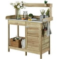 thumbnail image 1 of QISHENSHUI Garden Potting Bench Potting Table ACQ Lumber Wood Outdoor Work Station Work Bench Planting with Cabinet & Drawer & Top Shelf & Lower Shelf Light Green, 1 of 11