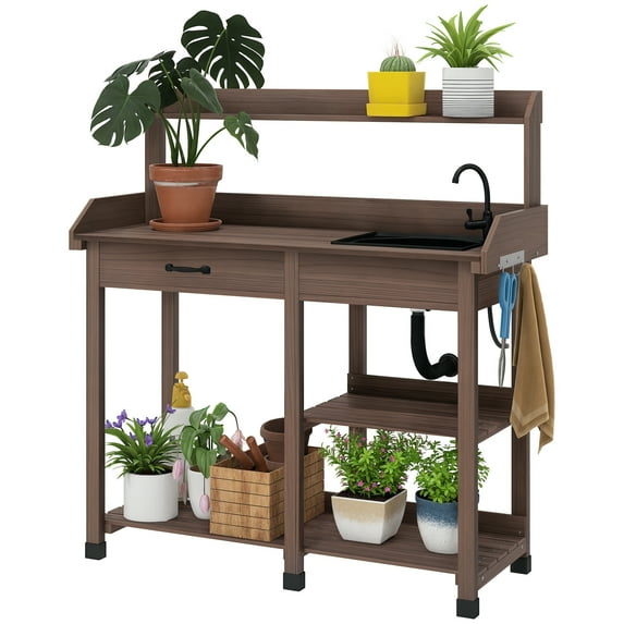 QISHENSHUI Multi-Functional Potting Bench Table – Equipped with Drawer for Small Tools, Built-In Sink for Easy Cleanup & Storage Shelves for Pots/Soil, Ideal for Garden Work, Coffee