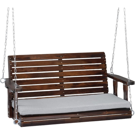 QISHENSHUI Outdoor 4 FT Porch Swing, Heavy Duty 880 LBS Wooden Patio Swings with Cushions, Farmhouse Style Hanging Bench with Adjustable Chains for Yard | Garden | Lawn | Balcony, Rustic