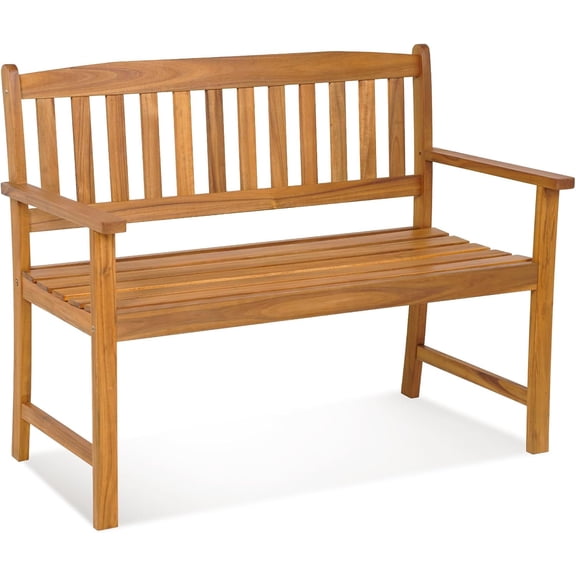 QISHENSHUI Outdoor Acacia Wood Bench, 2-Person Garden Bench with Backrest and Armrests, Garden Bench with Slatted Seat for Porch, Park, Backyard, 800 Lbs Max Load, 43” L x 22” W x 34” H, Natural