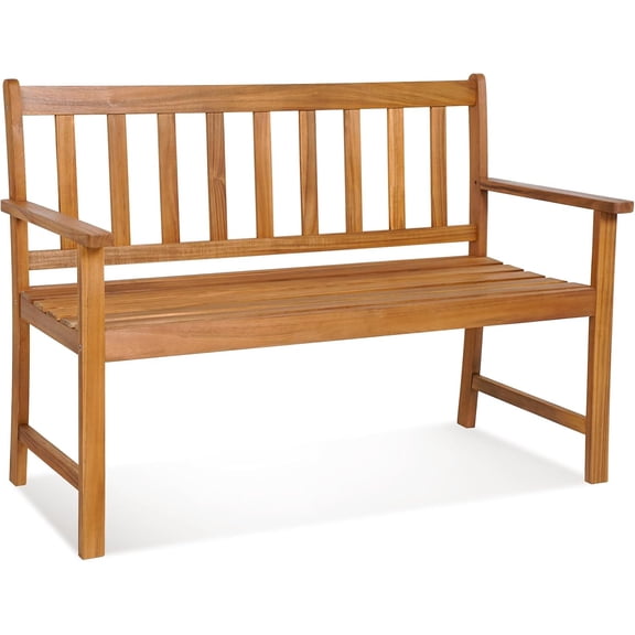 QISHENSHUI Outdoor Acacia Wood Bench, 2-Person Garden Bench with Backrest and Armrests, Garden Bench with Slatted Seat for Porch, Park, Backyard, 800 Lbs Max Load, 48” L x 22” W x 34” H, Natural