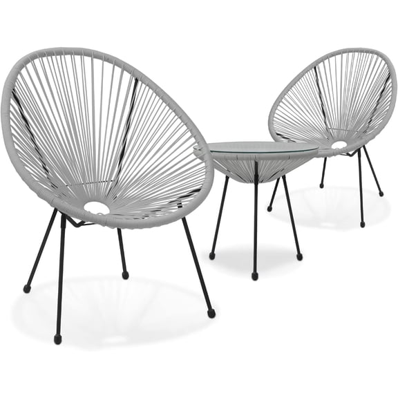 QISHENSHUI Outdoor Acapulco Chair Set 3-Piece with Glass Top Table, Lightweight All-Weather Woven PE Rope Patio Furniture, Modern Bistro Conversation Set for Patio, Garden, Poolside, Grey