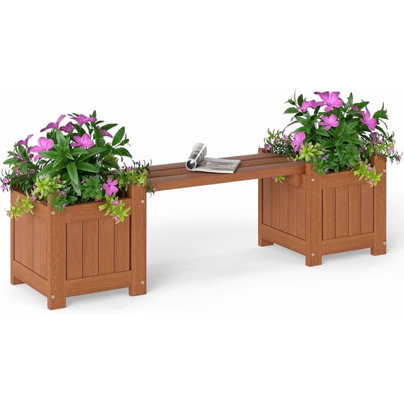 QISHENSHUI Outdoor Bench with 2 Raised Garden Beds, 2-in-1 Outdoor Planter Box with Teak Oil Finish, Open-Ended Base, Wooden Garden Bench for Flowerpots, Indoor Patio Yard Porch Decoration (1)