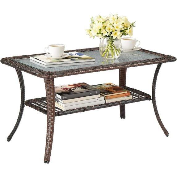 QISHENSHUI Outdoor Coffee Table with Storage Wicker Patio Coffee Table, Tempered Glass Top Coffee Table for Patio Outside Balcony Porch Deck (Brown)