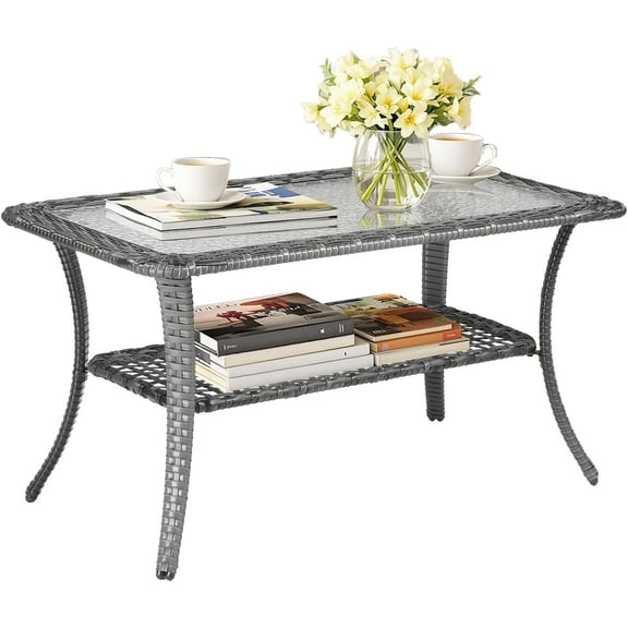 QISHENSHUI Outdoor Coffee Table with Storage Wicker Patio Coffee Table, Tempered Glass Top Coffee Table for Patio Outside Balcony Porch Deck (Grey)