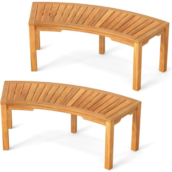 QISHENSHUI Outdoor Curved Bench, Acacia Wood Backless Fire Pit Bench with Slatted Seat, Wrap Around Tree Loveseat, Rustic Wooden 2-Person Seating for Porch, Backyard, Patio, Deck (2)