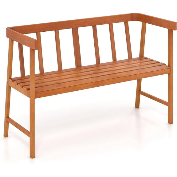 QISHENSHUI Outdoor Eucalyptus Wood Bench, 2-Person Garden Bench with Backrest and Armrests, Garden Bench with Slatted Seat for Porch, Park, Backyard, 800 Lbs Max Load, 43” L x 18” W x 28” H, Natural