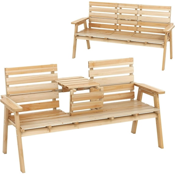 QISHENSHUI Outdoor Fir Wood Bench with Foldable Middle Table, 2-3 Person Garden Bench with Backrest and Armrests, 710 lbs Weight Capacity, Slatted Seat Bench for Porch, Patio, Backyard