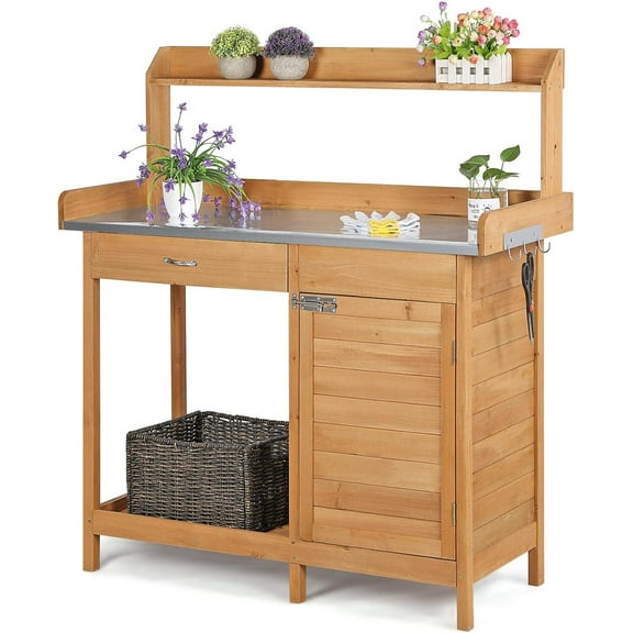 QISHENSHUI Outdoor Potting Bench Table Work Station Garden Planting with Cabinet & Drawer & Top Shelf & Lower Shelf Natural Wood