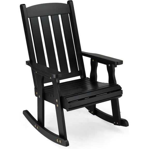 QISHENSHUI Outdoor Rocking Chair, Heavy Duty 600 LBS Wooden Rocking Chair with Comfortable Backrest, Weatherproof Patio Rocker with Ergonomic Design, Garden, Black