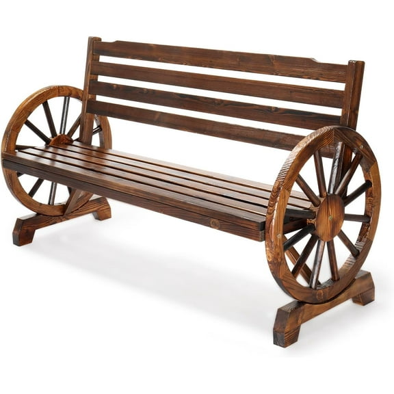 QISHENSHUI Outdoor Rustic Wooden Bench with Wagon Wheel Arms, 3 People Outdoor Bench Garden Bench Front Porch Furniture Patio Lawn Yard Park, Indoor and Ourdoor Decor