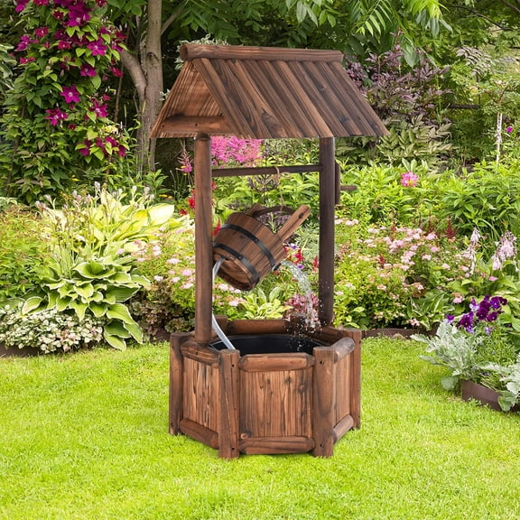 QISHENSHUI Outdoor Wishing Well Water Fountain, Old-Fashioned Wood Waterfall Fountain with Bucket Pump, Rustic Farmhouse Decoration for Garden Backyard