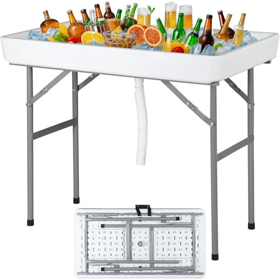 QISHENSHUI Party Ice Cooler Folding Table with 5L Bucket, Portable Outdoor Cooler Table with Removable Matching Skirt, Large Sink and Drain for BBQ, Picnic, and Camping