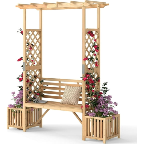 QISHENSHUI Patio Garden Arbor with Bench, Wooden Outdoor Bench w/Pergola, Planting Box, Side Trellis for Vines & Climbing Plants, 2-Person Outdoor Wood Seating for Patio, Backyard, Parks