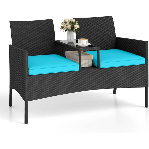 QISHENSHUI Patio Loveseat with Built-in Table, Wicker 2-Seat Furniture with Soft Cushions & Tempered Glass Tabletop, Metal Frame Outdoor Conversation Seating Bench for Backyard, Porch